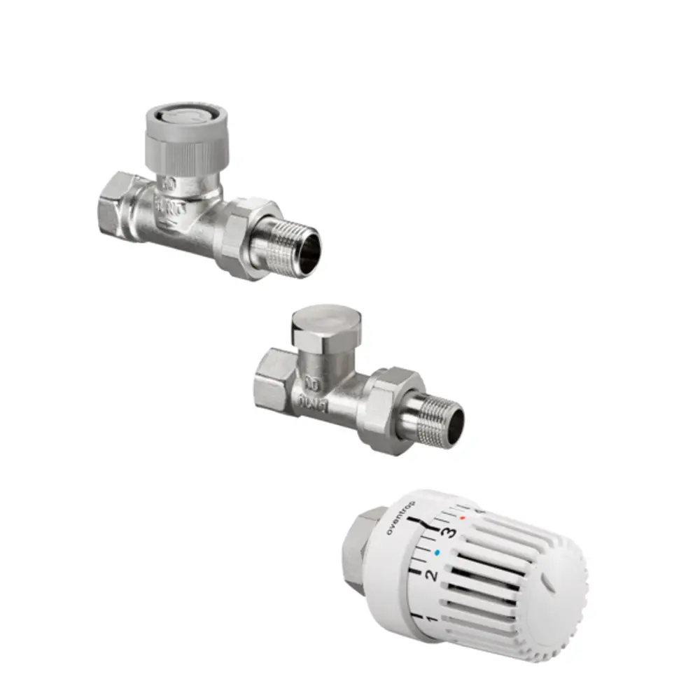 Oventrop Thermostatventil-Set mit Durchgangsventil und Rücklaufverschraubung. Klares Design in Metall mit Thermostat zur Temperaturregelung.